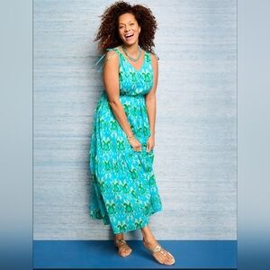 Talbots Ikat Medallion Tiered Teal Green Cotton Maxi Dress Size 16P